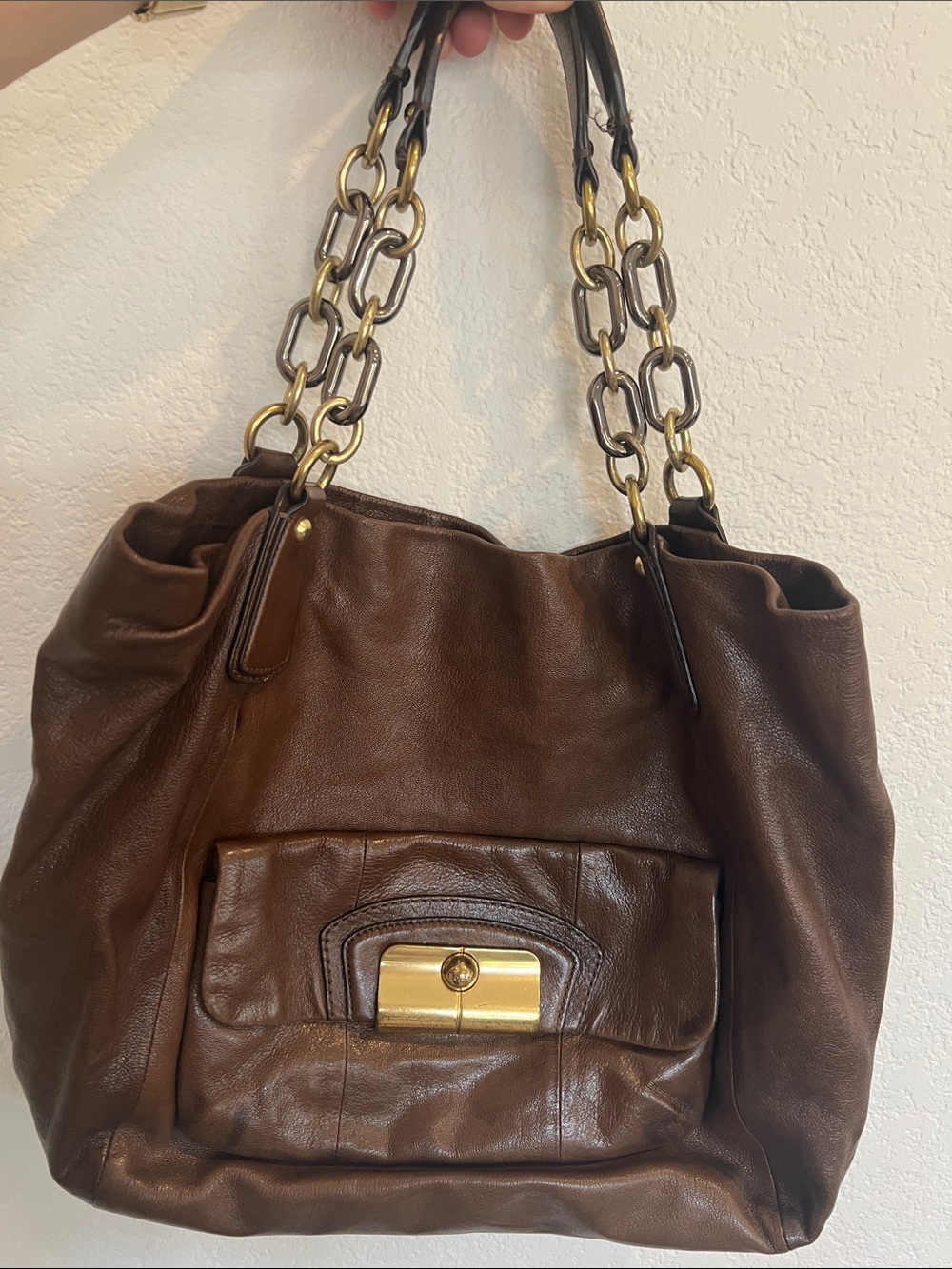 Coach Brown Leather Shoulder Bag with Gold Chain Handles